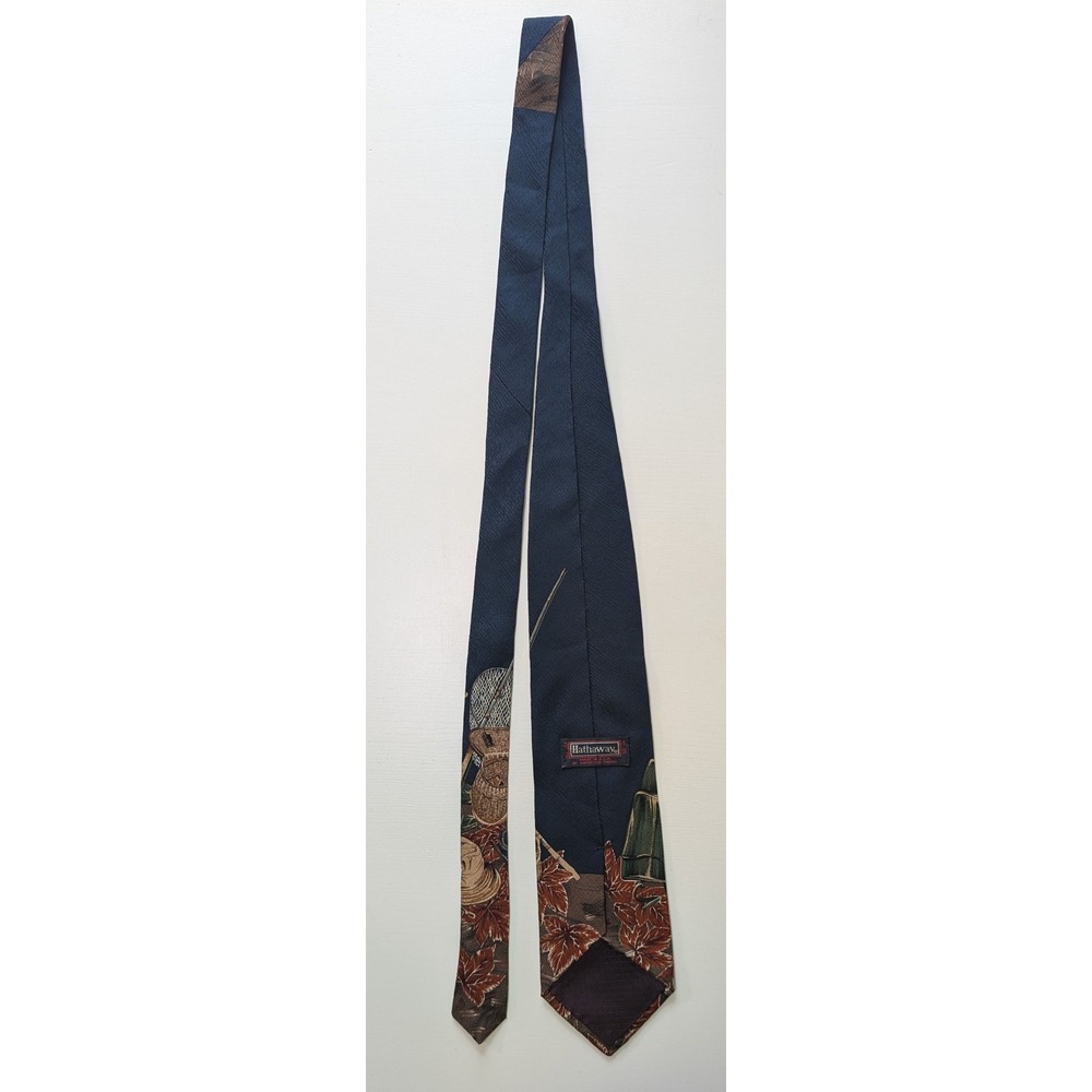 Hathaway USA Mens Tie Navy Blue Fly Fishing Creel Net Outdoor Theme Vintage